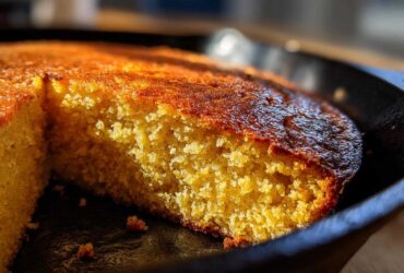 A close-up, golden-brown slice of moist skillet cornbread showing its crumb texture inside a black cast iron pan.