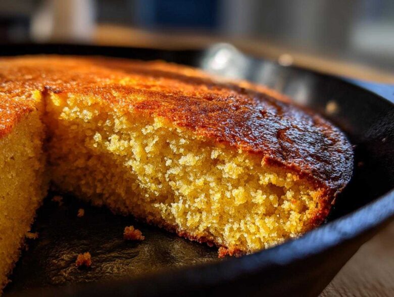 A close-up, golden-brown slice of moist skillet cornbread showing its crumb texture inside a black cast iron pan.