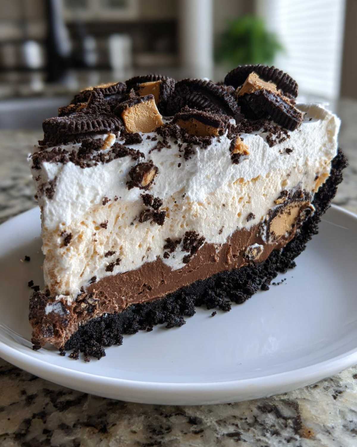 A thick slice of 2-layer ice cream pie featuring a dark crust, chocolate, peanut butter layers, and whipped topping.