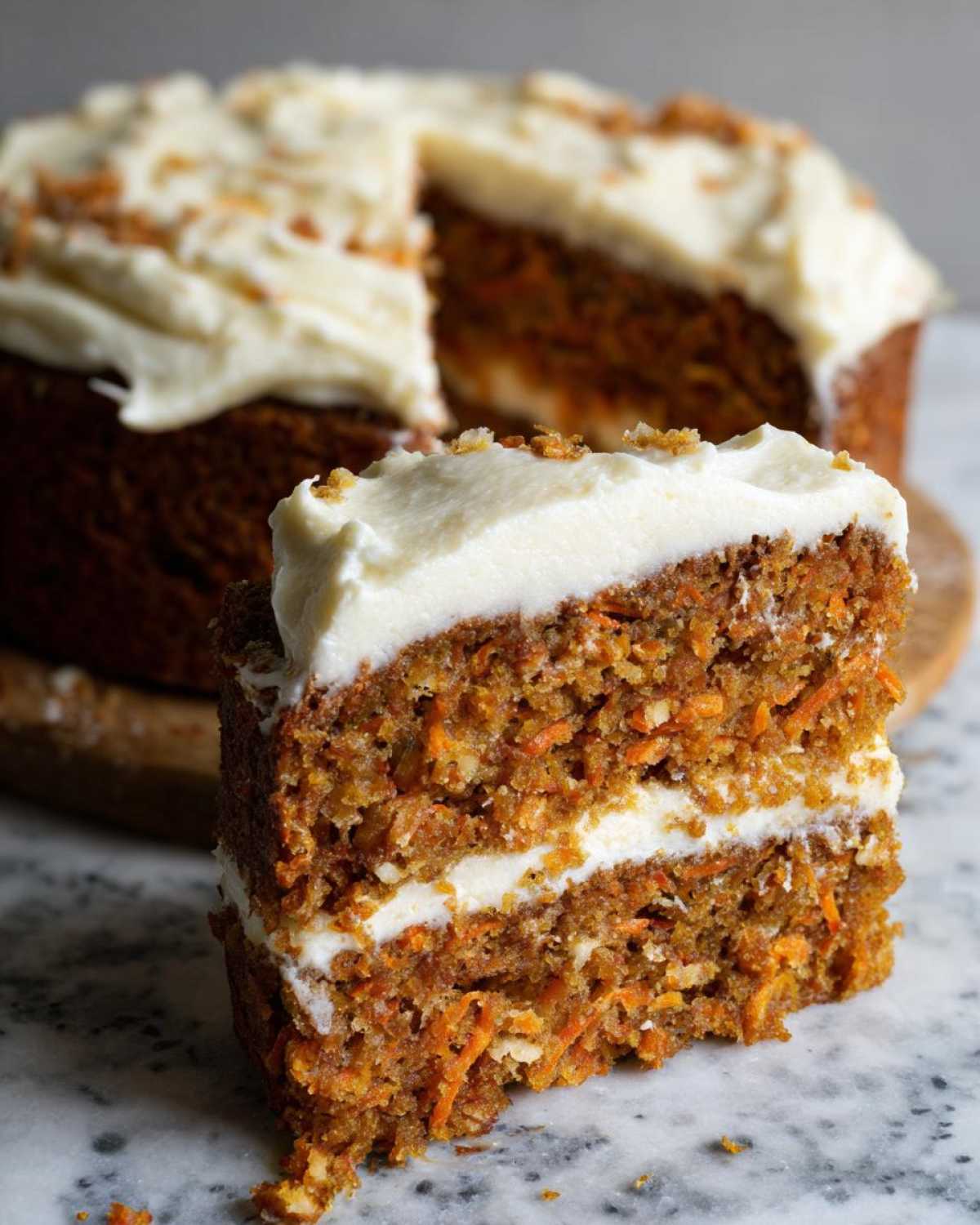 Close-up of a thick slice of moist carrot cake recipe layered with cream cheese frosting.