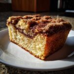 Close-up of a moist slice of coffee cake featuring a thick cinnamon swirl and crumb topping.