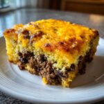 Close-up of a hearty slice of cowboy cornbread casserole showing a layer of seasoned ground meat filling topped with melted cheddar cheese.