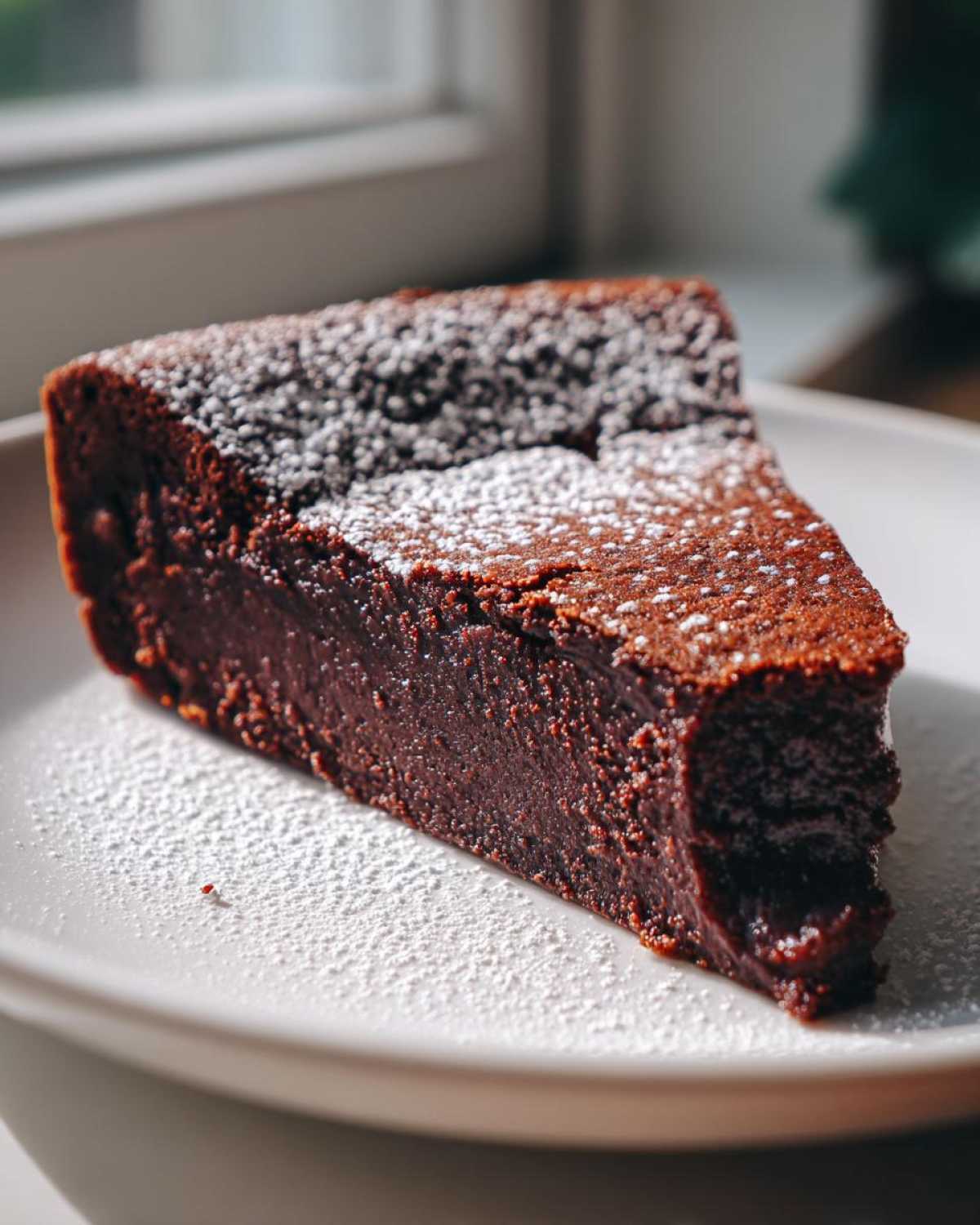 A decadent slice of flourless chocolate torte dusted generously with powdered sugar, sitting on a white plate.