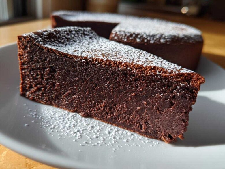 A thick slice of rich, dark flourless chocolate torte dusted with powdered sugar on a white plate.