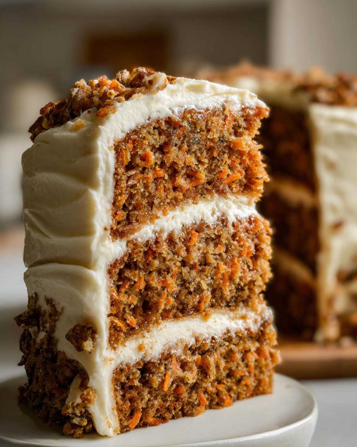 Close-up of a thick slice of moist carrot cake recipe, showing three layers and rich cream cheese frosting, topped with nuts.