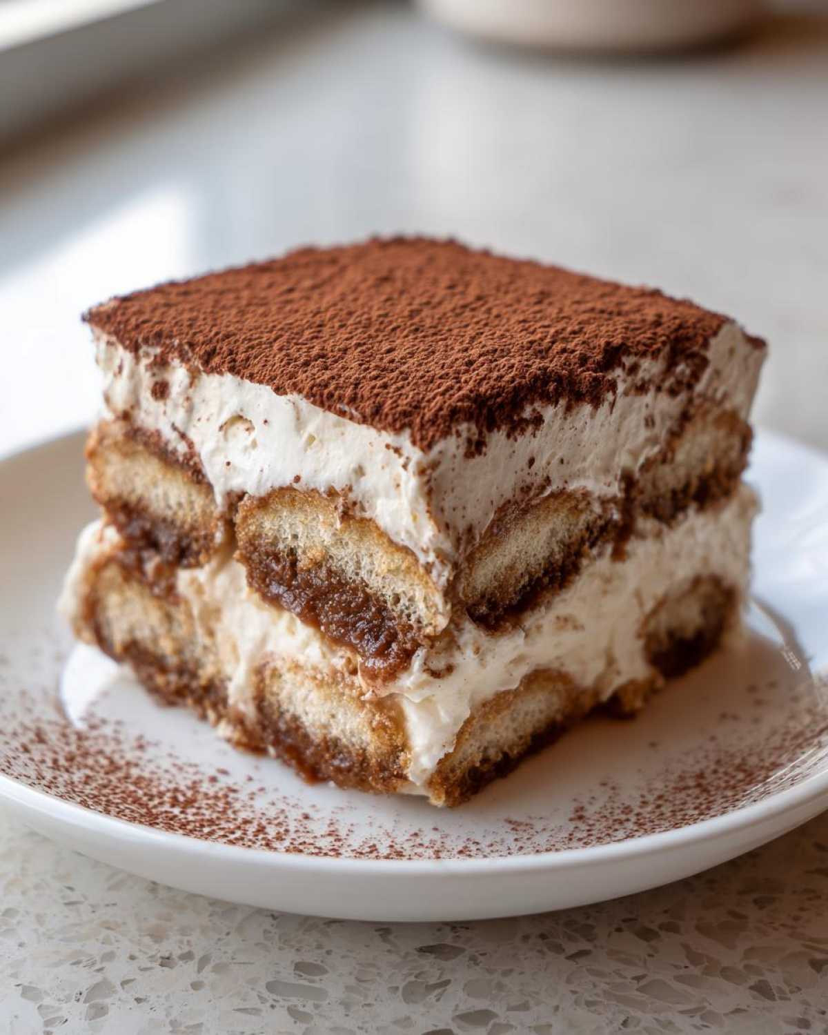A perfect square slice of tiramisu recipe layered with ladyfingers and cream, dusted heavily with cocoa powder.