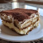 A perfect slice of rich tiramisu recipe showing layers of cream, coffee-soaked ladyfingers, and cocoa powder dusting.
