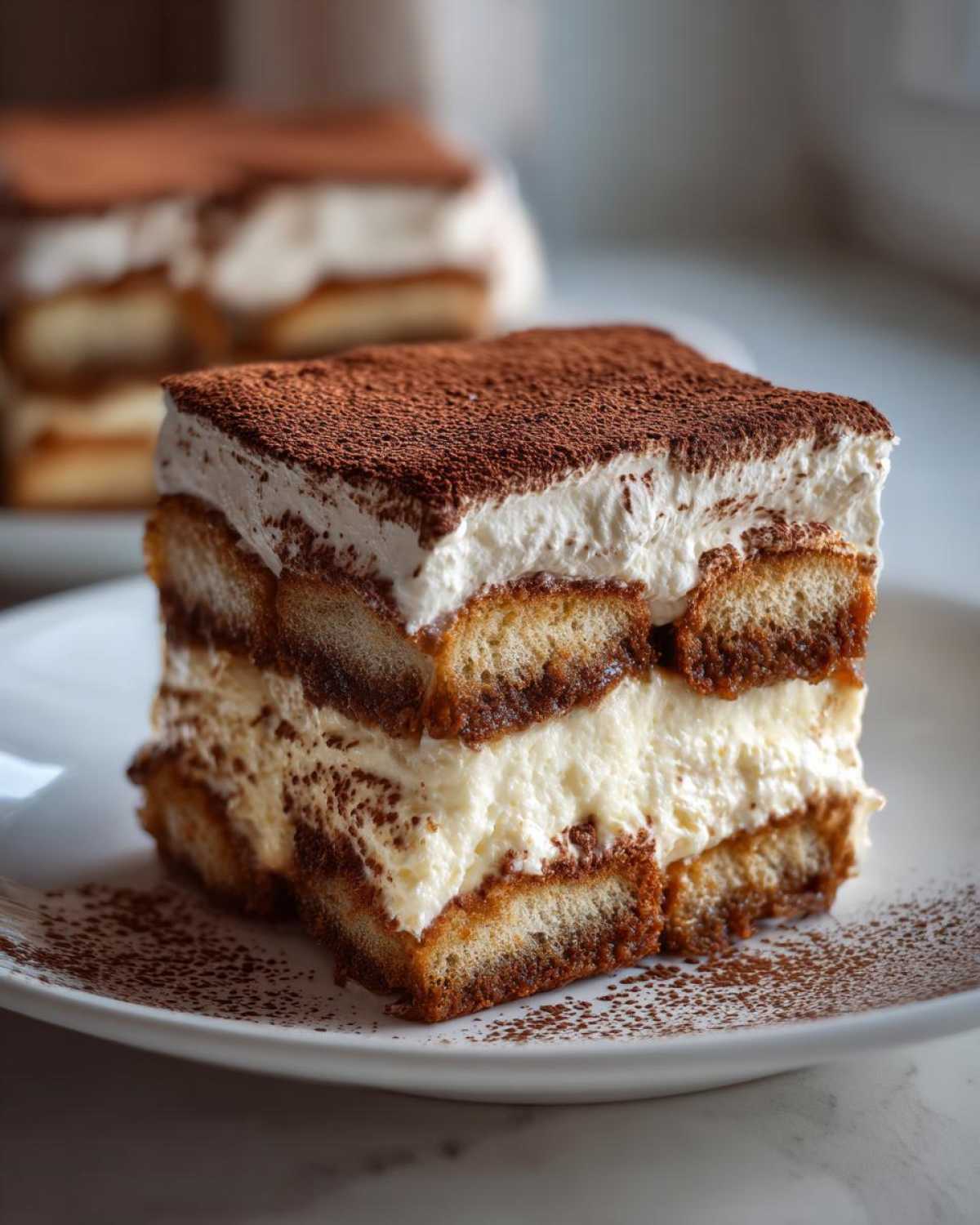 Close-up of a perfect square slice of tiramisu recipe layered with ladyfingers and cream, dusted heavily with cocoa powder.