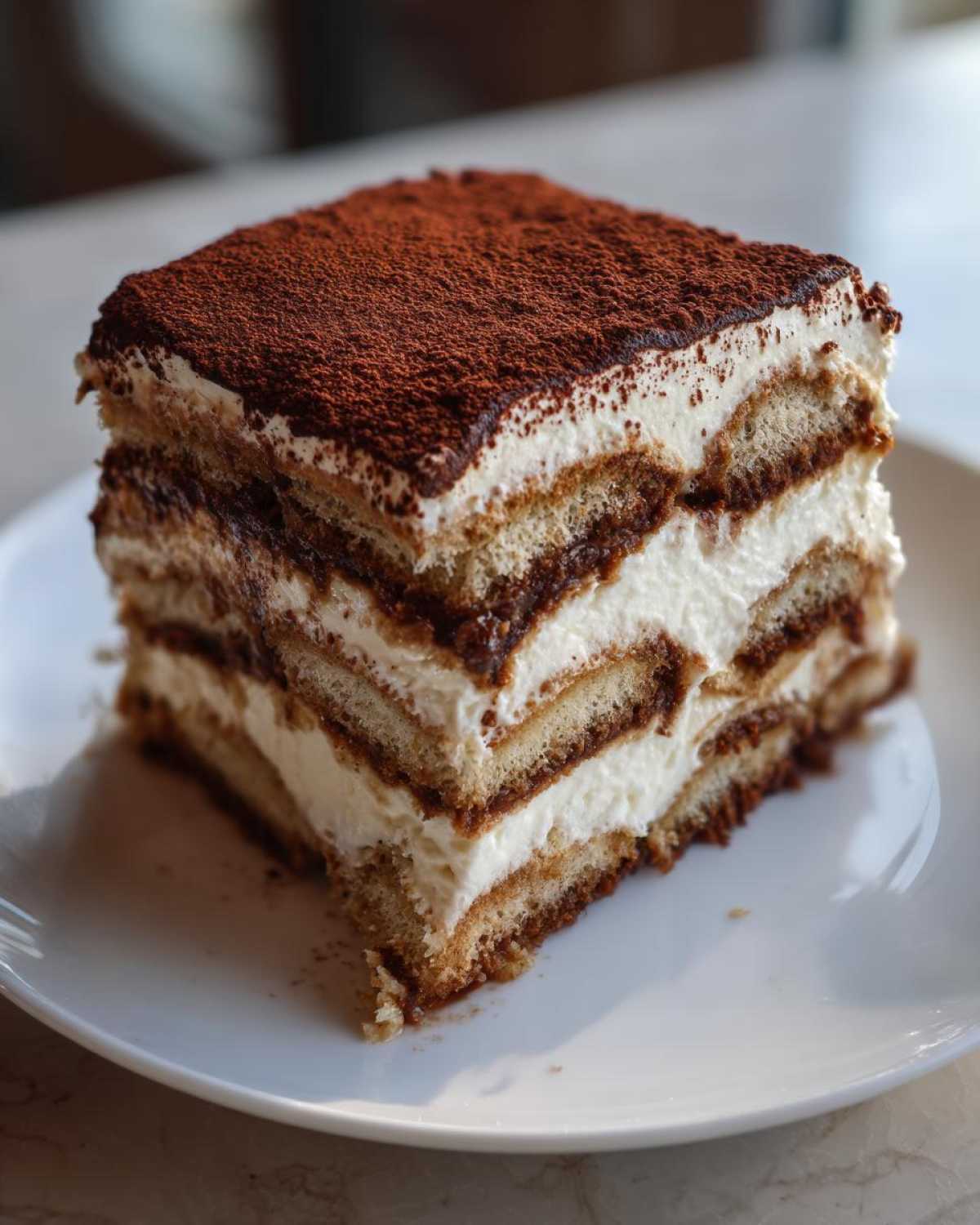 A square slice of homemade tiramisu recipe showing layers of cream, coffee-soaked ladyfingers, and cocoa powder dusting.