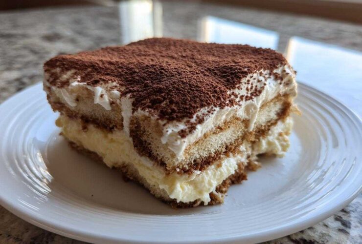 A perfect slice of rich tiramisu recipe showing layers of cream, coffee-soaked ladyfingers, and cocoa powder dusting.
