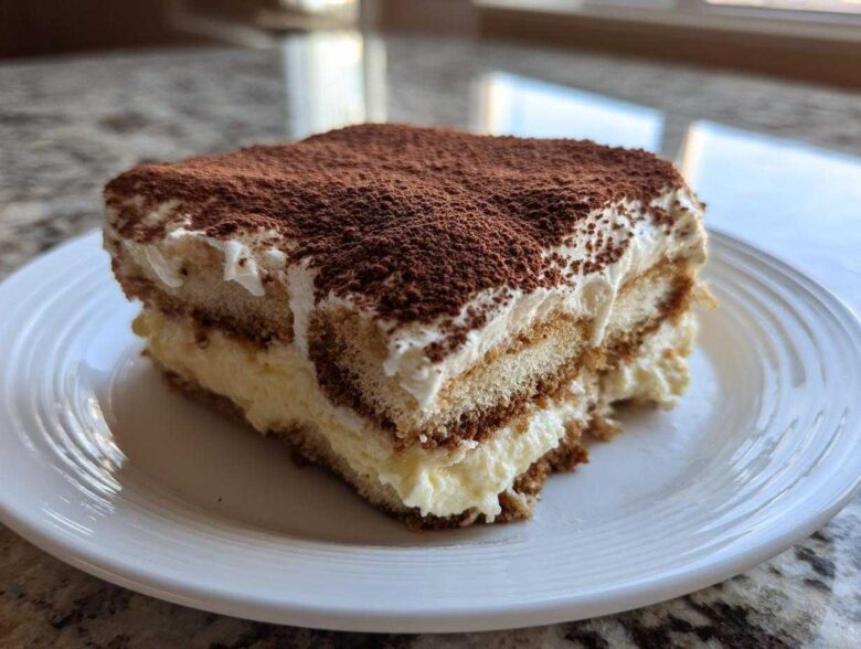 A perfect slice of rich tiramisu recipe showing layers of cream, coffee-soaked ladyfingers, and cocoa powder dusting.