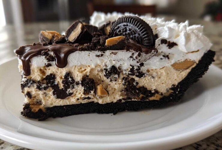 A decadent slice of two-layer ice cream pie featuring peanut butter filling, Oreo crust, whipped cream, and chocolate drizzle.