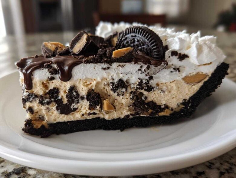 A decadent slice of two-layer ice cream pie featuring peanut butter filling, Oreo crust, whipped cream, and chocolate drizzle.