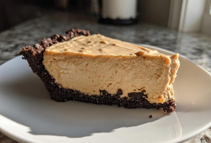 A thick slice of creamy peanut butter pie with a dark chocolate crust on a white plate.