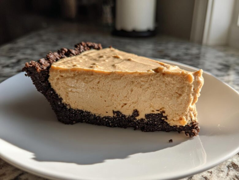 A thick slice of creamy peanut butter pie with a dark chocolate crust on a white plate.