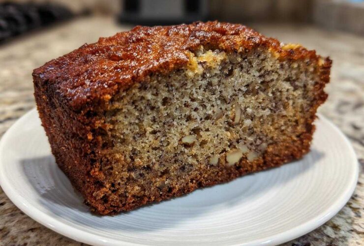 Close-up of a thick slice of moist protein banana bread showing nuts and banana flecks on a white plate.