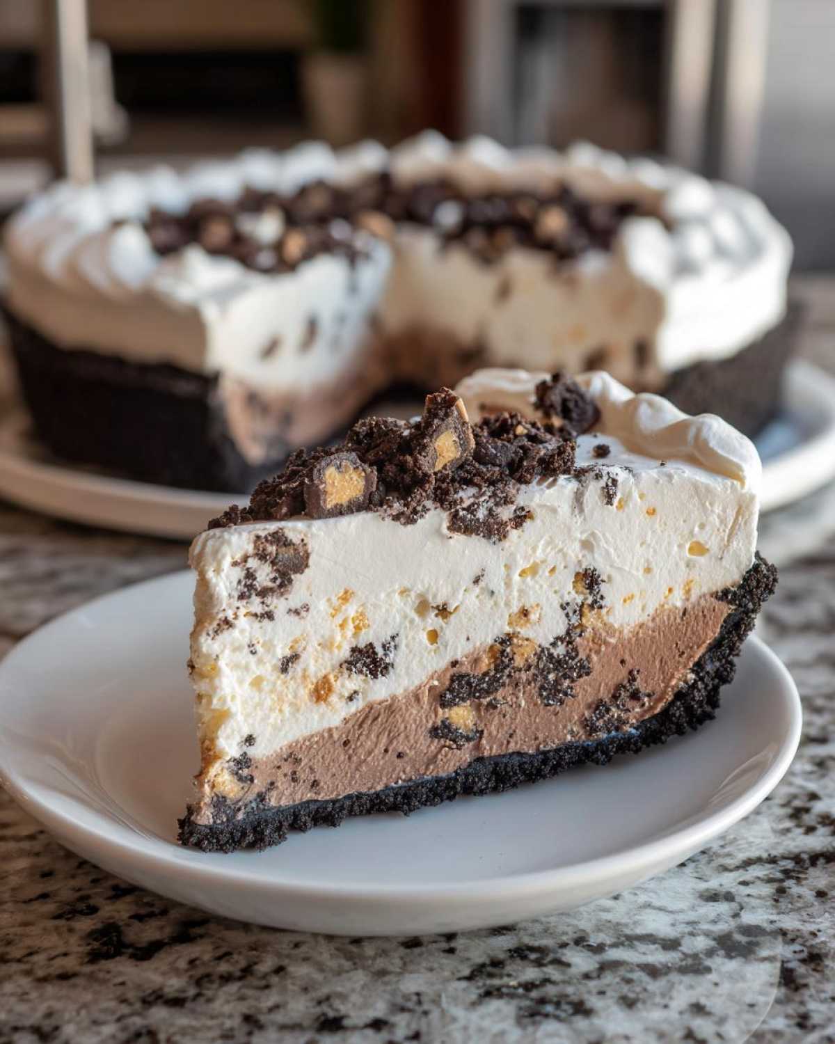 A close-up slice of a stunning 2 layer ice cream pie featuring chocolate and vanilla layers on a dark crust, topped with whipped cream and peanut butter cup crumbles.