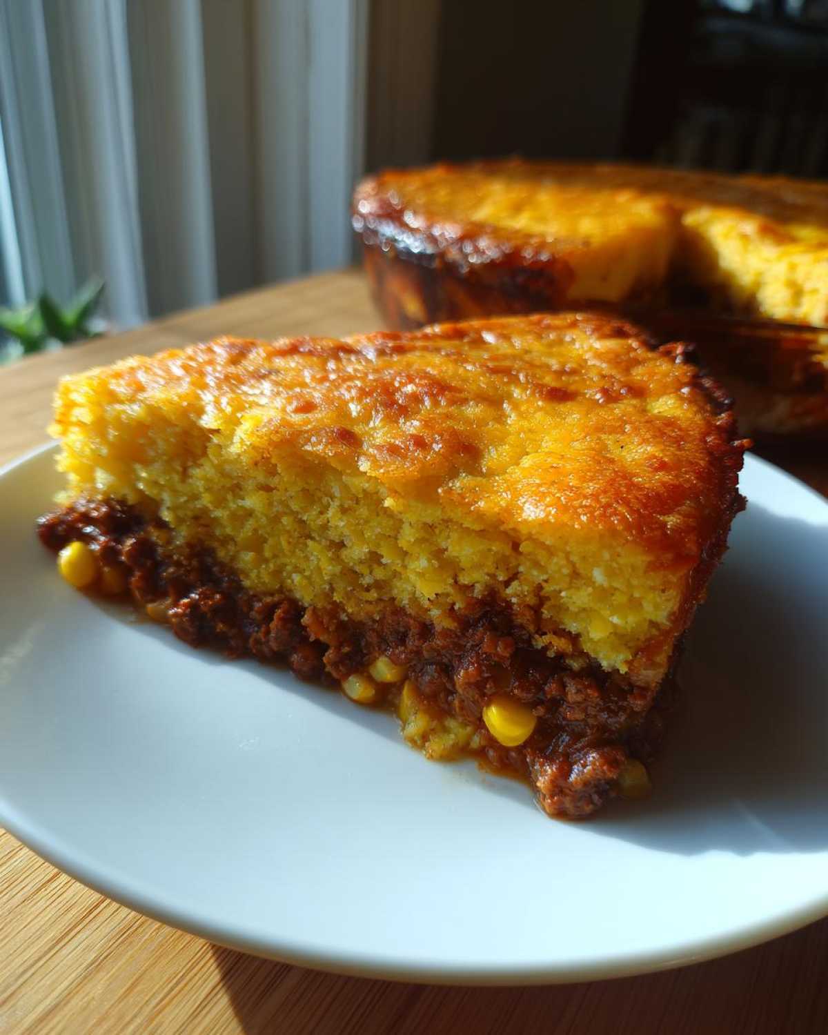 A thick slice of Tamale Pie featuring a golden cornbread top over a savory chili meat and corn filling.