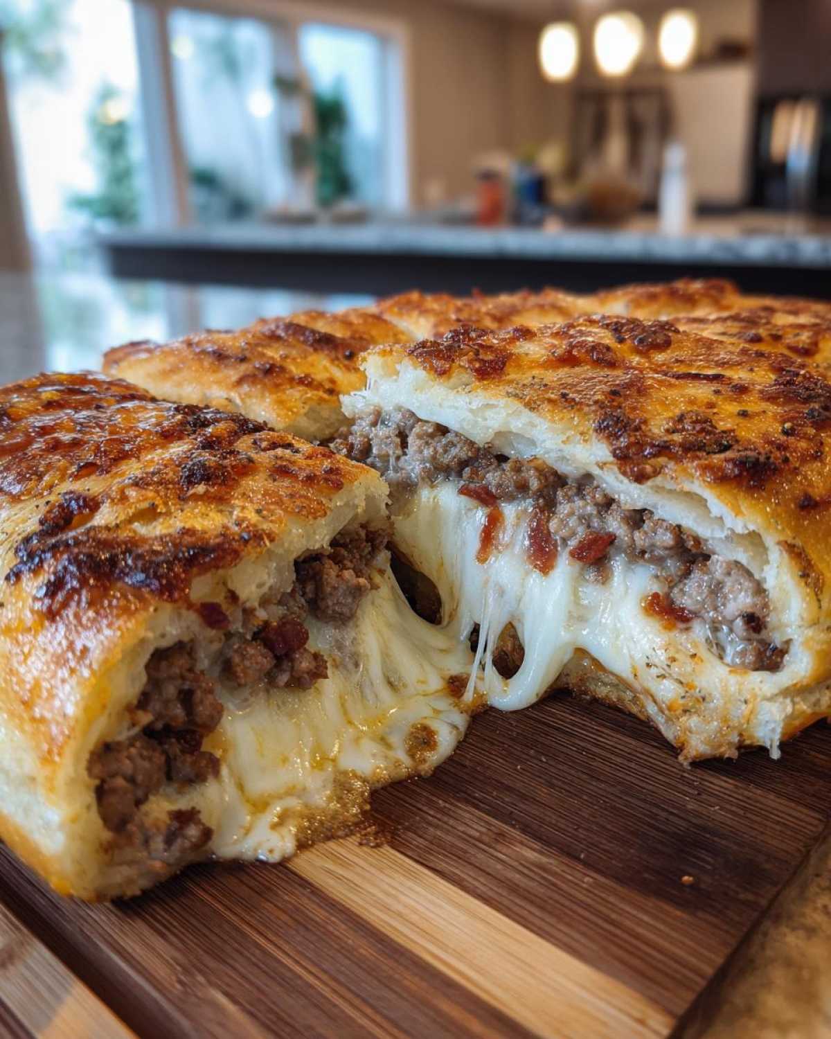 Cross-section of homemade garbage bread showing a rich, meaty filling and extreme cheese pull.