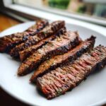 Slices of medium-rare grilled steak, glistening with juices from the carne asada marinade, served on a white plate.