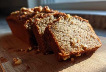 A close-up of a sliced sugar free banana bread loaf topped with walnuts, sitting on a wooden cutting board in bright sunlight.
