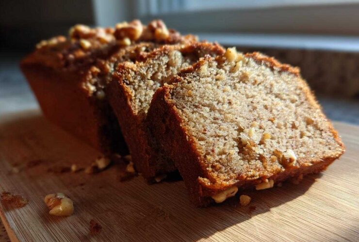 A close-up of a sliced sugar free banana bread loaf topped with walnuts, sitting on a wooden cutting board in bright sunlight.