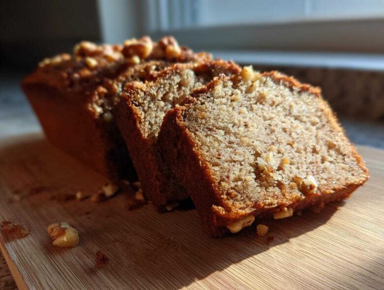 A close-up of a sliced sugar free banana bread loaf topped with walnuts, sitting on a wooden cutting board in bright sunlight.