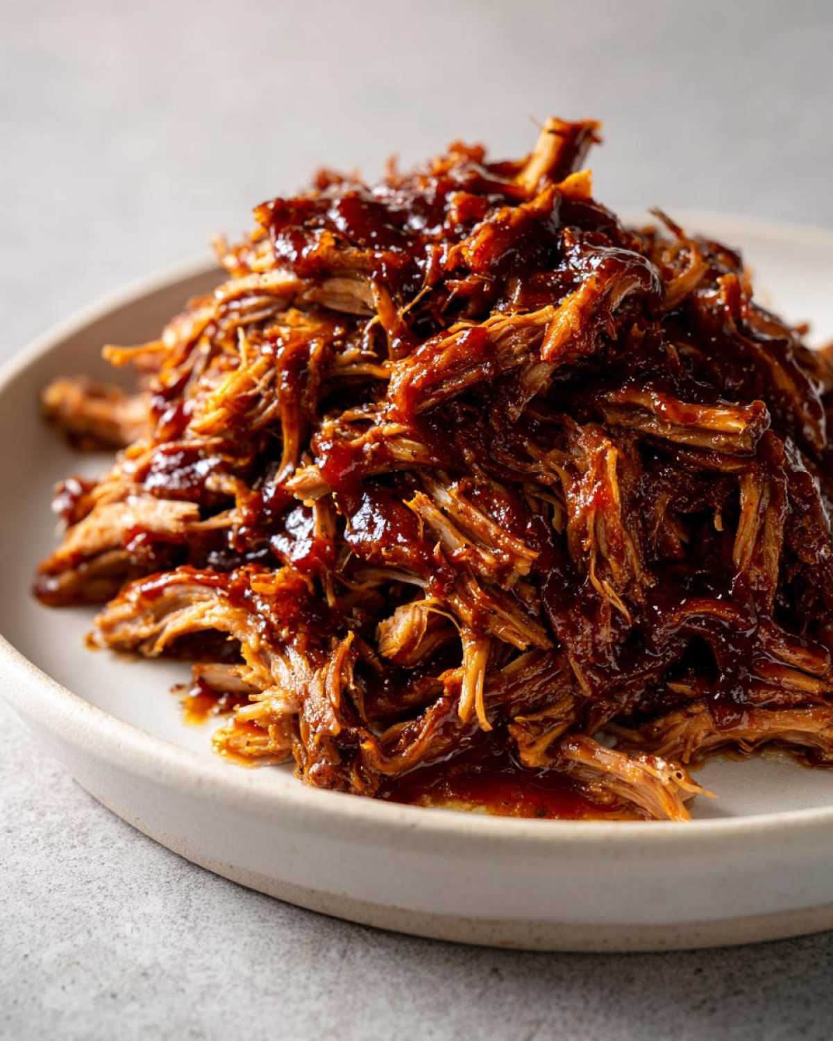 Close-up of tender, shredded Slow cooker pulled pork generously coated in rich, dark BBQ sauce on a light plate.
