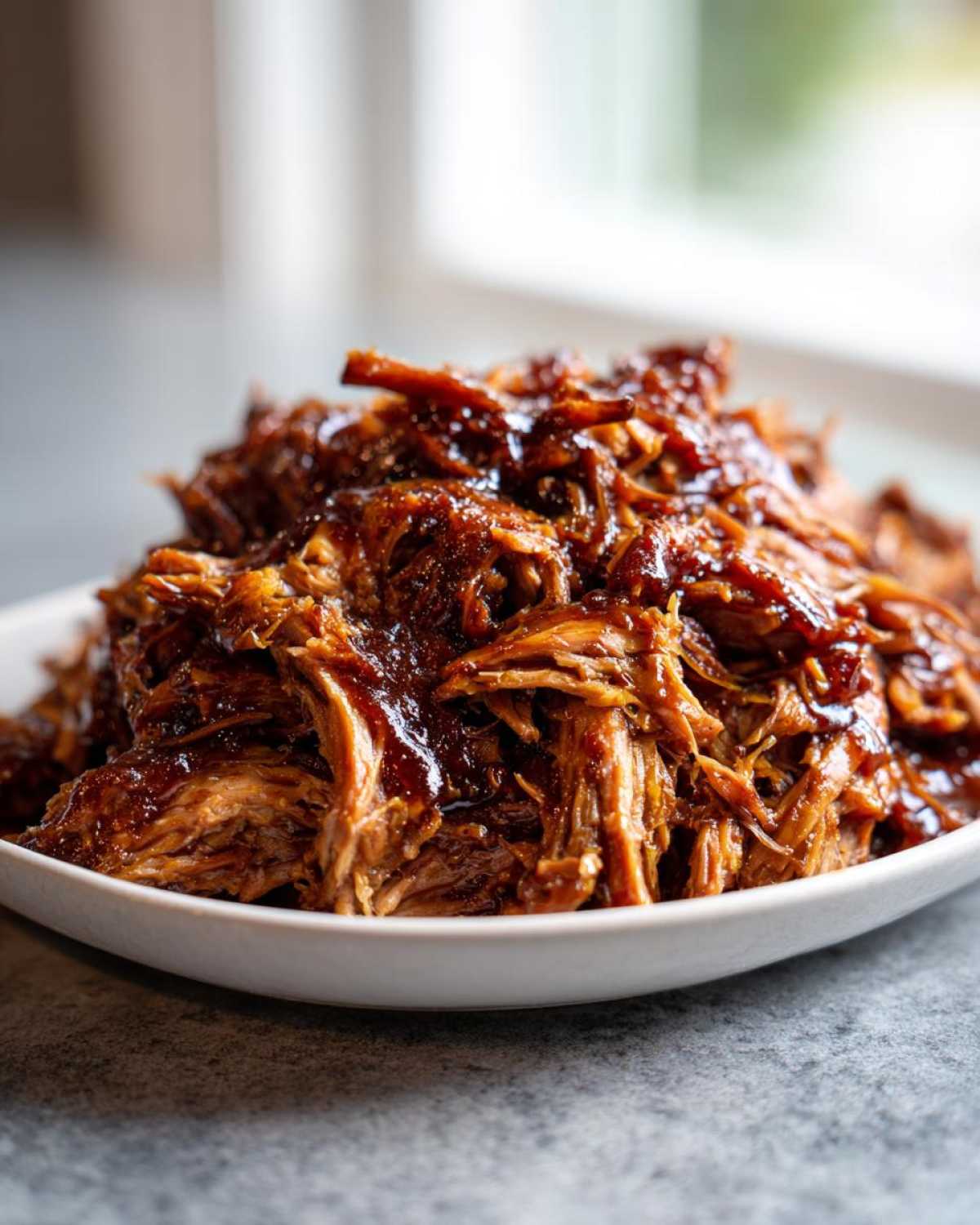 Close-up of tender, shredded Slow cooker pulled pork generously coated in dark BBQ sauce, served in a white bowl.