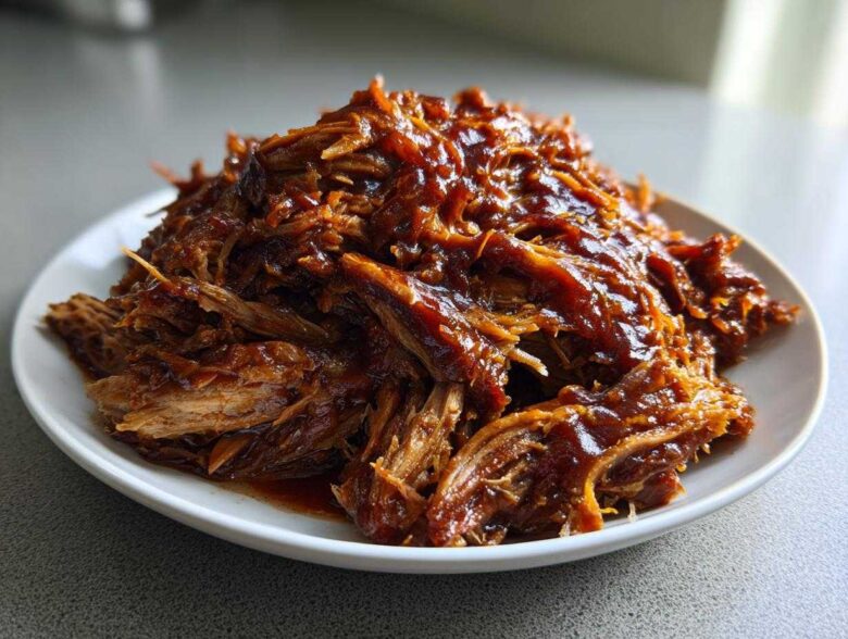 A generous mound of juicy, shredded Slow cooker pulled pork coated in rich barbecue sauce, served on a white plate.