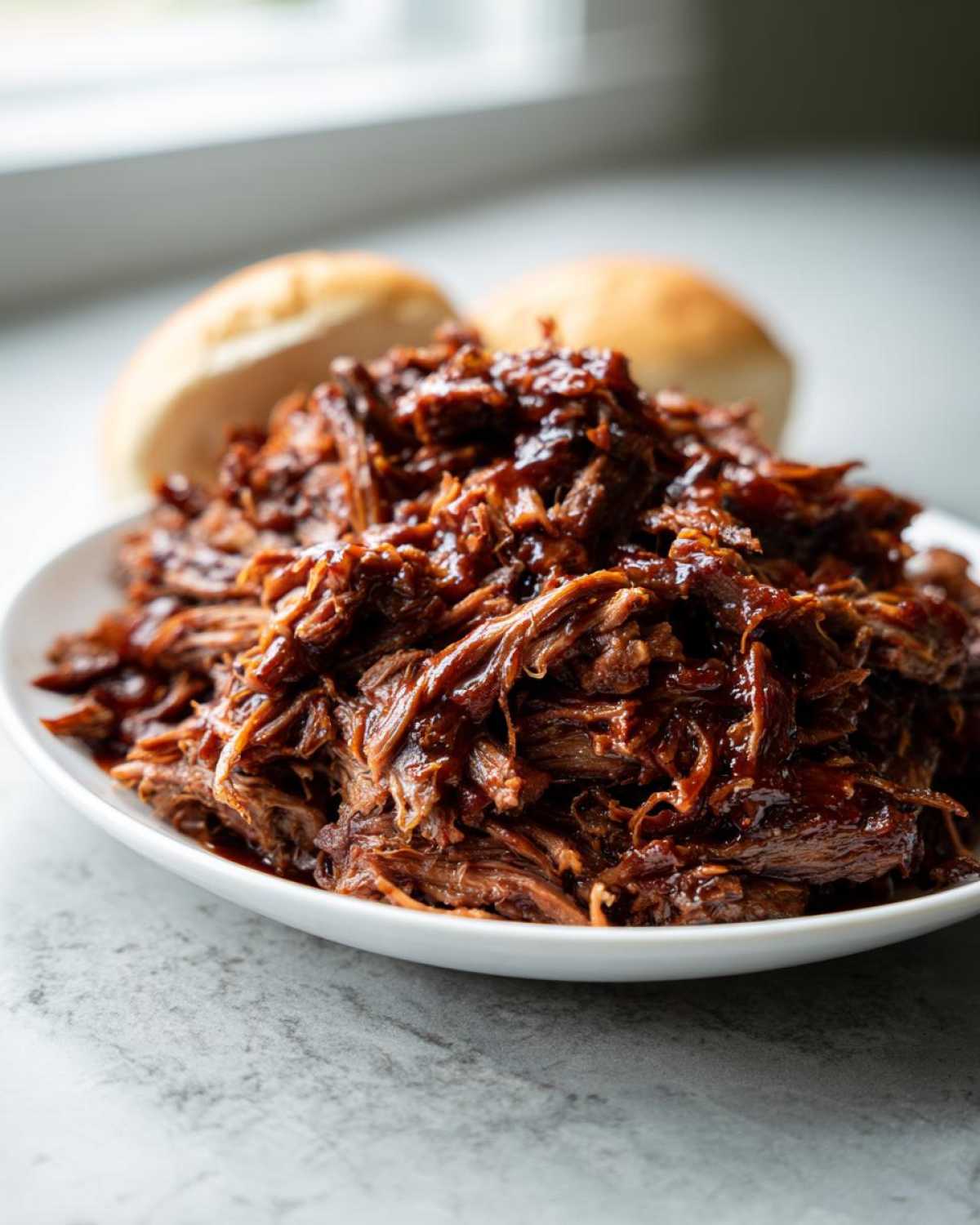 Close-up of saucy Slow cooker pulled pork piled high on a white plate with two buns blurred in the background.