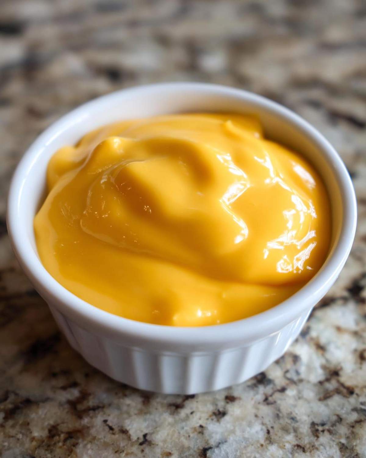 Close-up of smooth, bright orange beer cheese dip filling a small white ramekin on a granite counter.