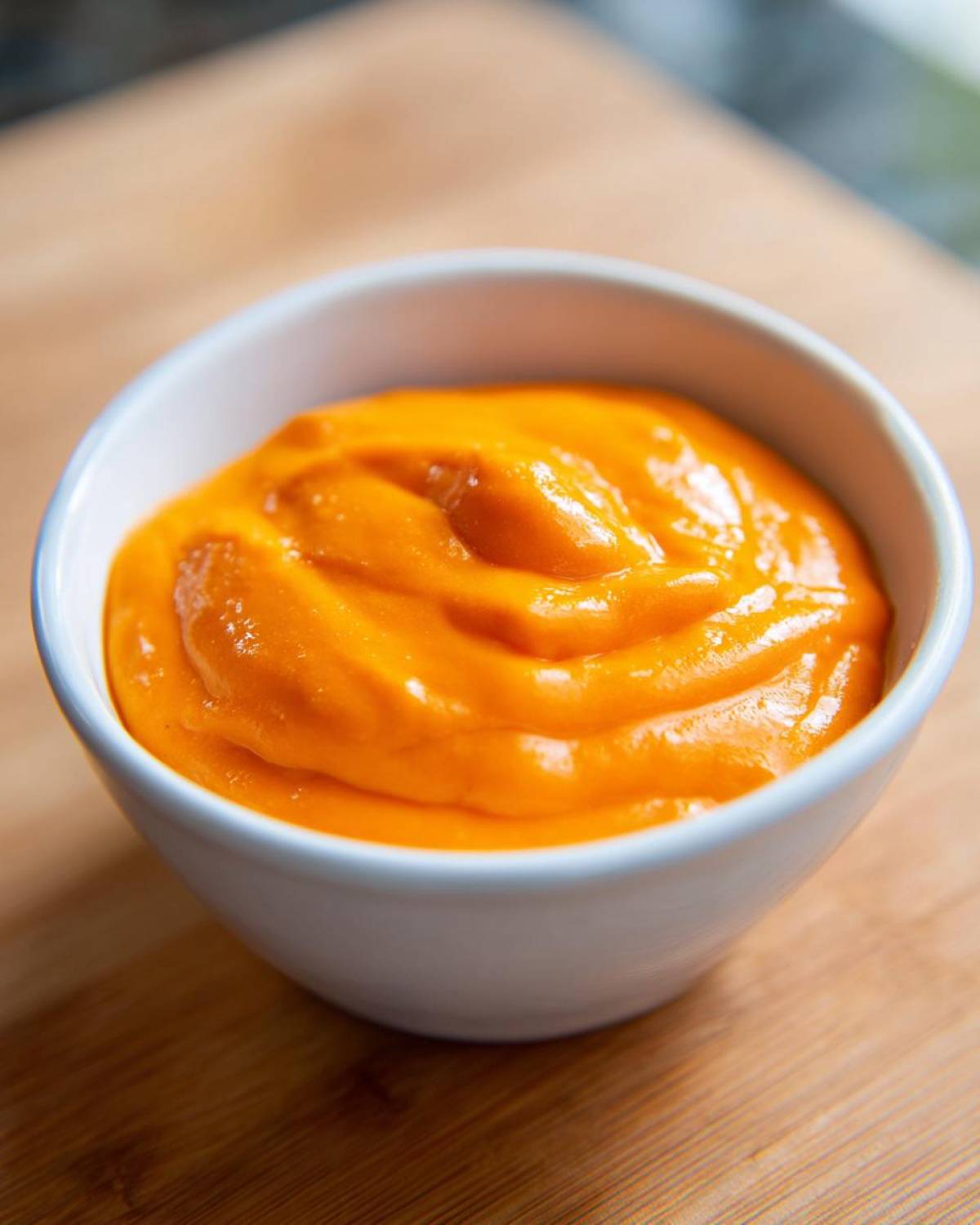 Close-up of a small white bowl filled with thick, vibrant orange nacho cheese sauce.