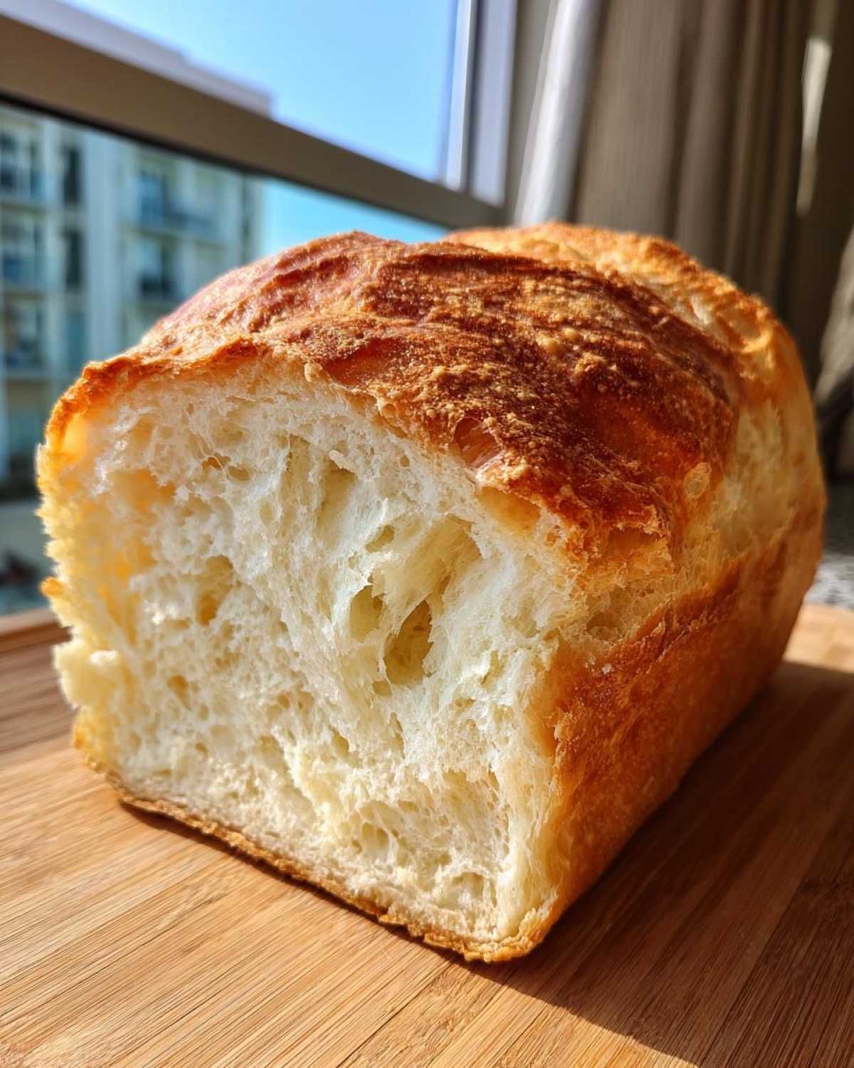 Cross-section view of a freshly baked French bread loaf showing its soft, airy crumb structure and golden crust.