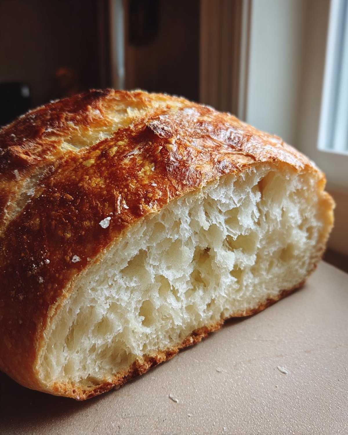 Close-up of a freshly baked french bread loaf cut in half, showing the soft, airy interior crumb and crispy golden crust.