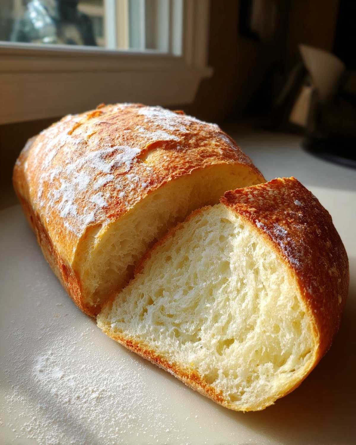 Close-up of a freshly baked French bread loaf with a slice cut, showing the soft, airy interior crumb.