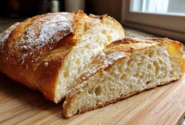 Close-up of a freshly baked, soft French bread loaf cut in half, showing the airy interior crumb and golden crust dusted with flour.