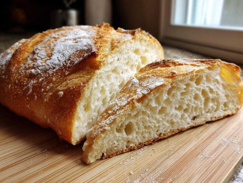 Close-up of a freshly baked, soft French bread loaf cut in half, showing the airy interior crumb and golden crust dusted with flour.