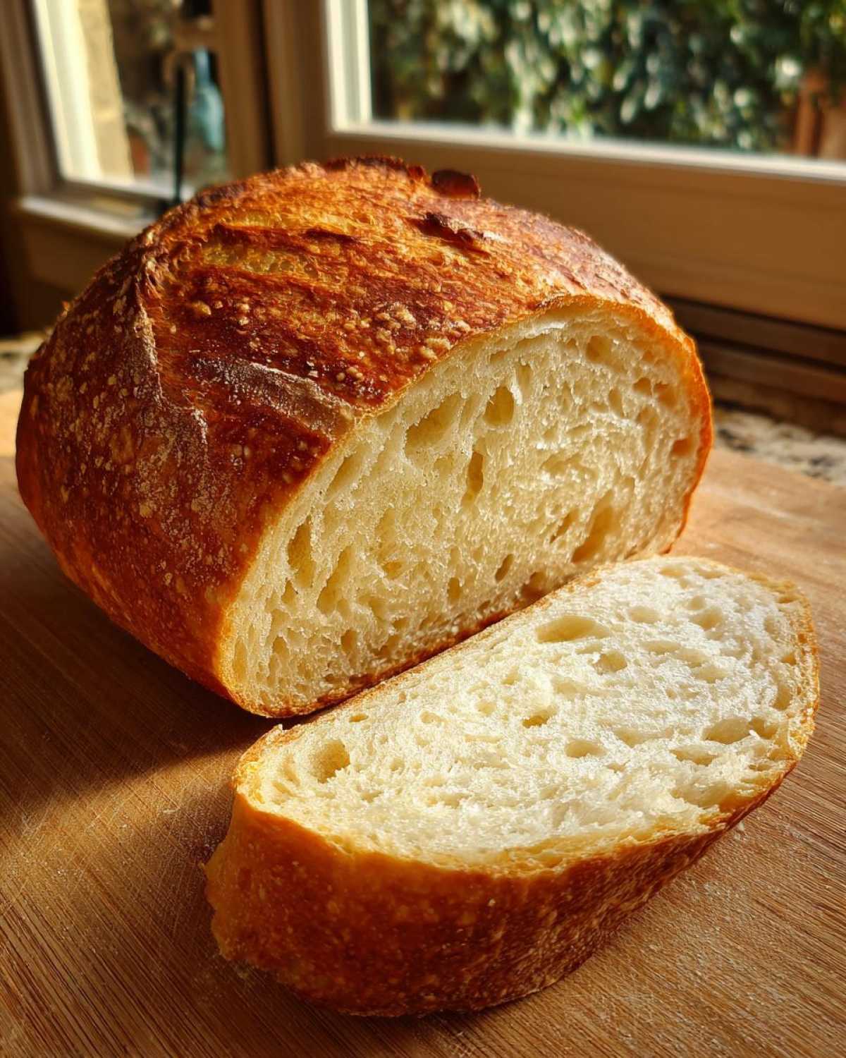 A freshly baked loaf of soft French bread, cut to show the airy crumb structure, resting on a wooden cutting board.