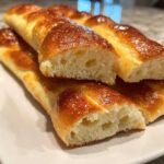 Cross-section view showing the soft, airy interior crumb of freshly baked breadsticks with a shiny, golden crust.