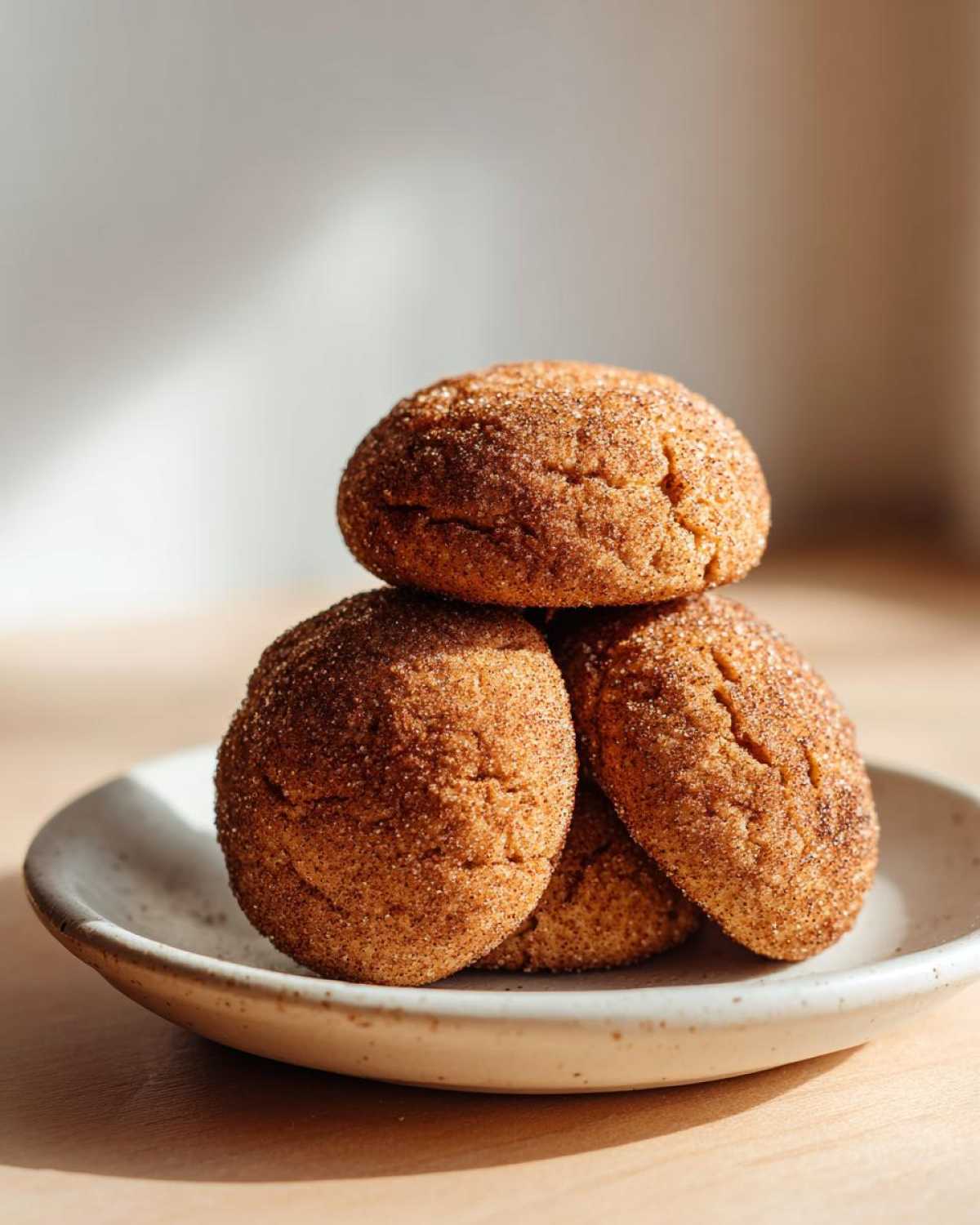 A small stack of four soft snickerdoodle cookies coated generously in cinnamon sugar, sitting on a light ceramic plate.