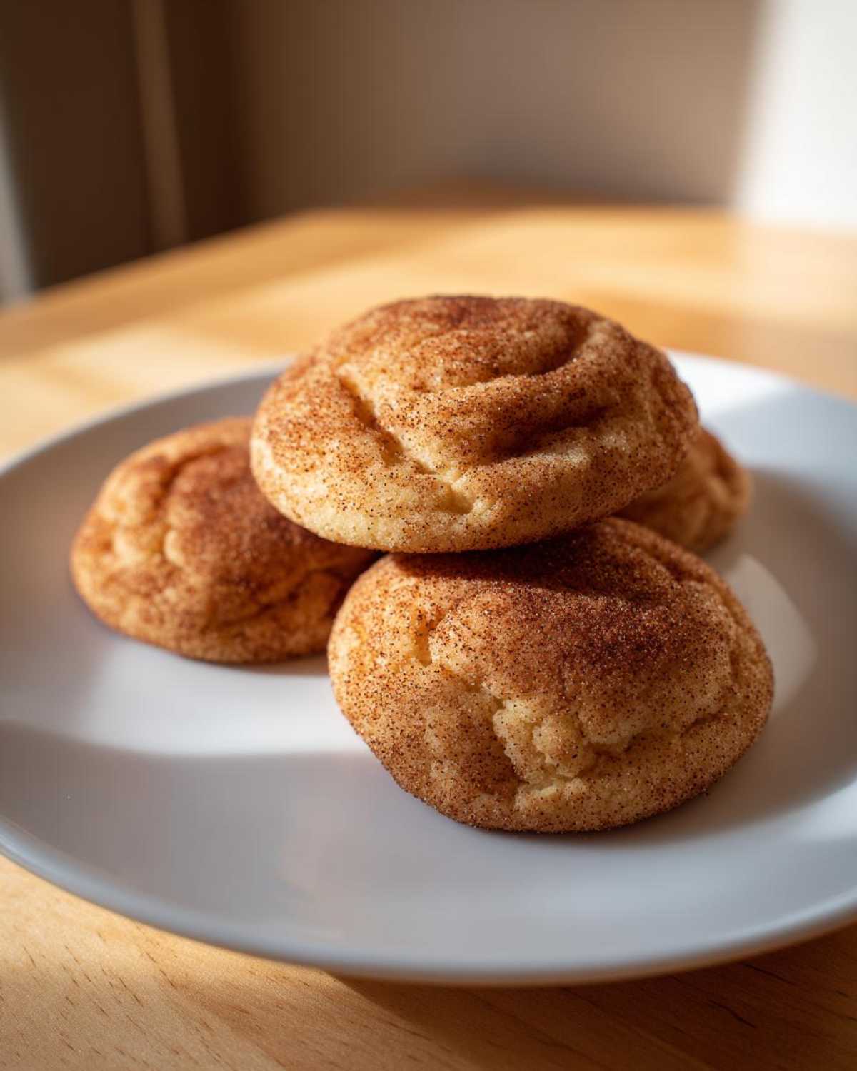 A stack of three soft, freshly baked snickerdoodle cookies dusted heavily with cinnamon sugar on a white plate.