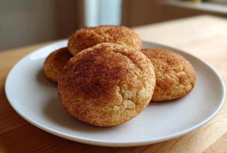 Four perfectly baked, soft snickerdoodle cookies generously coated in cinnamon sugar, resting on a white plate.