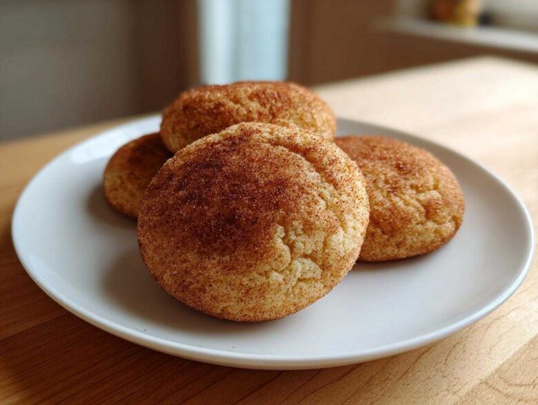 Four perfectly baked, soft snickerdoodle cookies generously coated in cinnamon sugar, resting on a white plate.