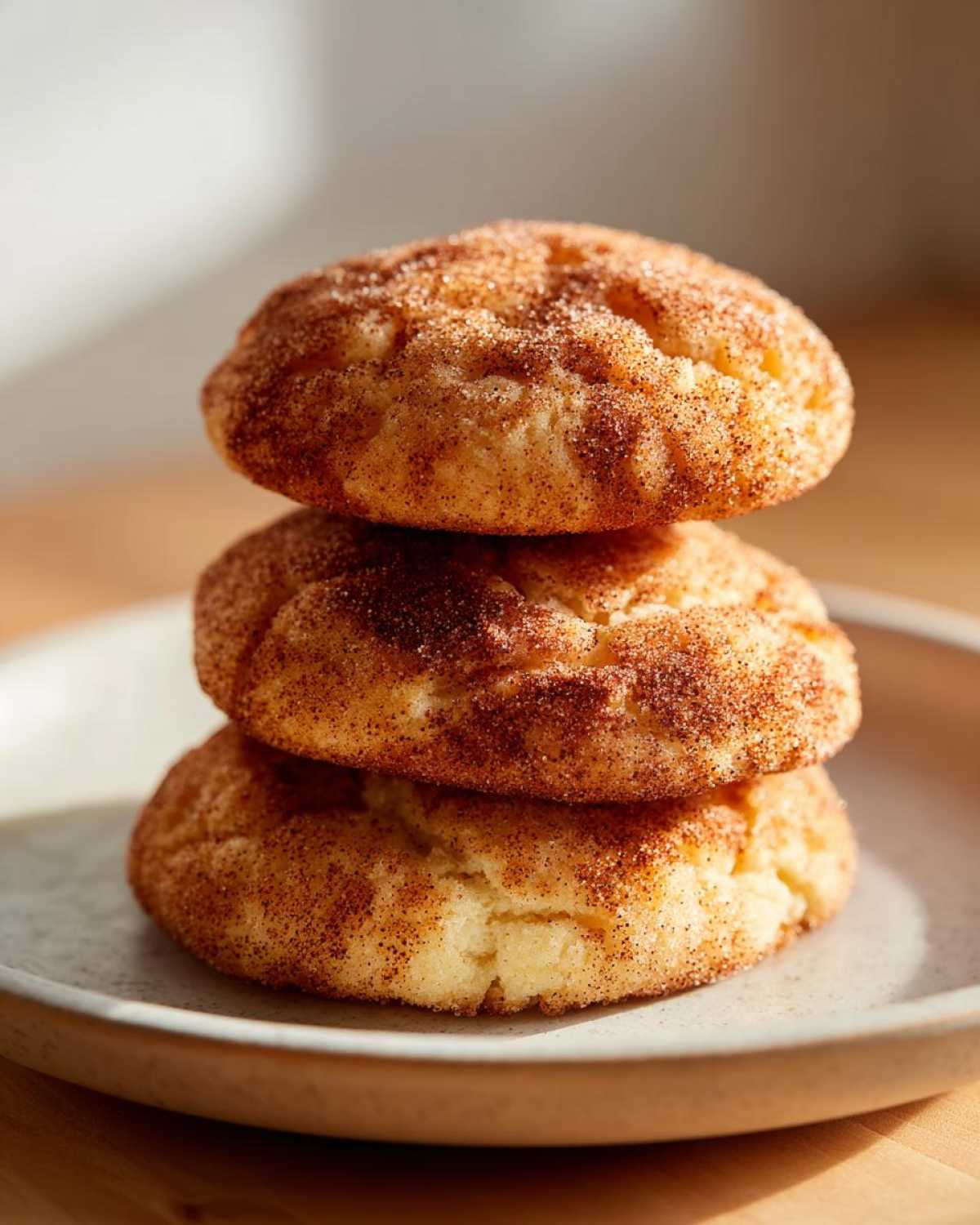 Three soft, freshly baked snickerdoodle cookies stacked on a light ceramic plate, coated in cinnamon sugar.
