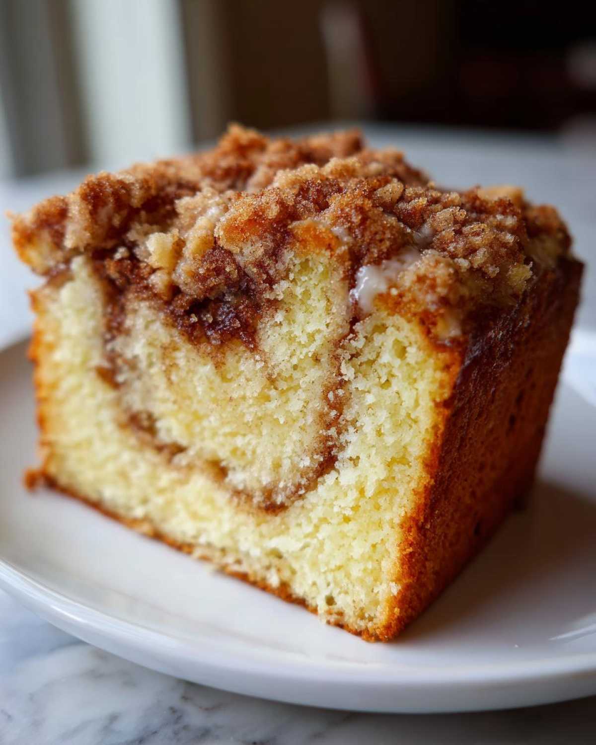 A close-up of a moist slice of sour cream coffee cake featuring a cinnamon swirl and crumbly streusel topping.
