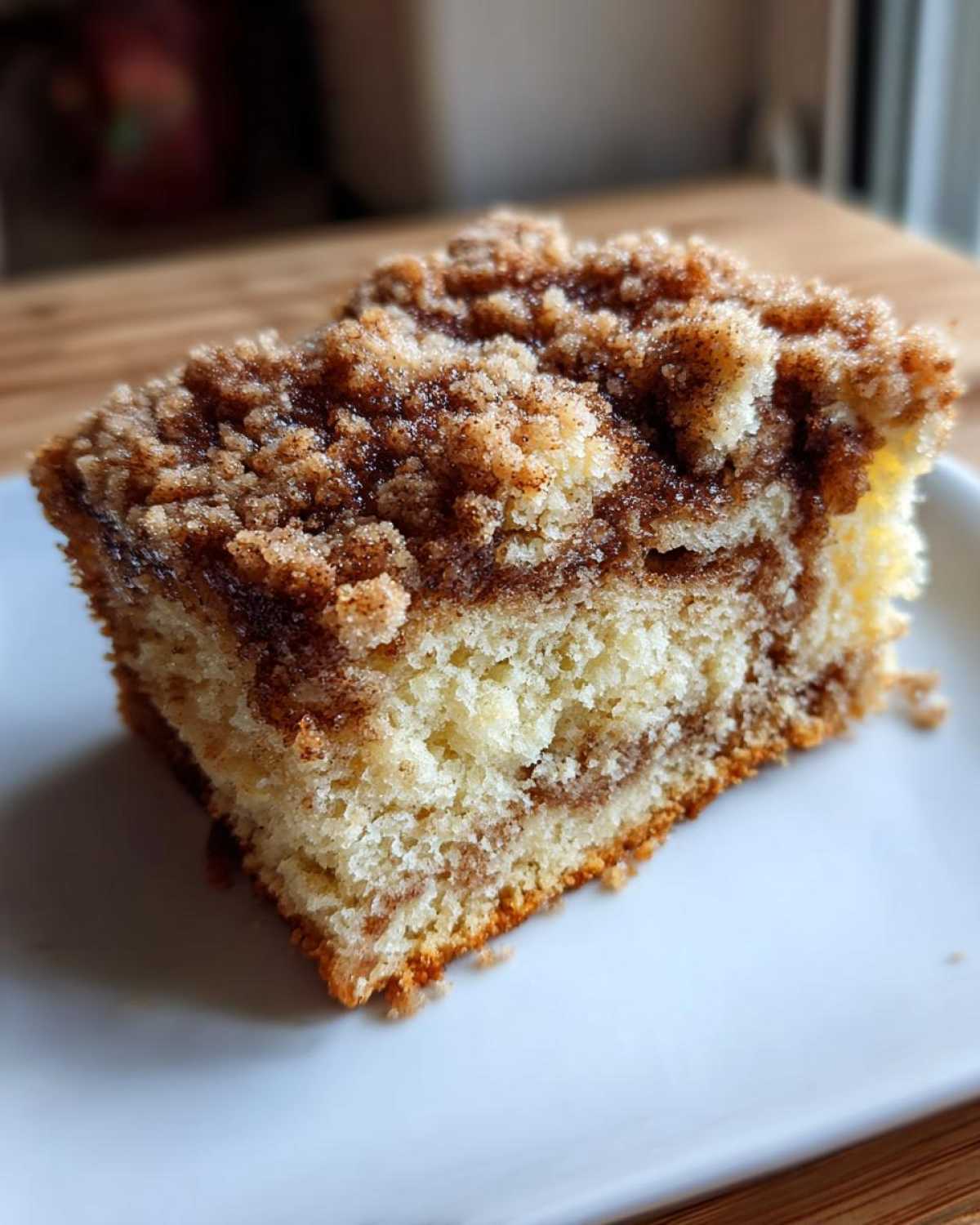 Close-up of a moist slice of sour cream coffee cake featuring a thick cinnamon streusel topping.