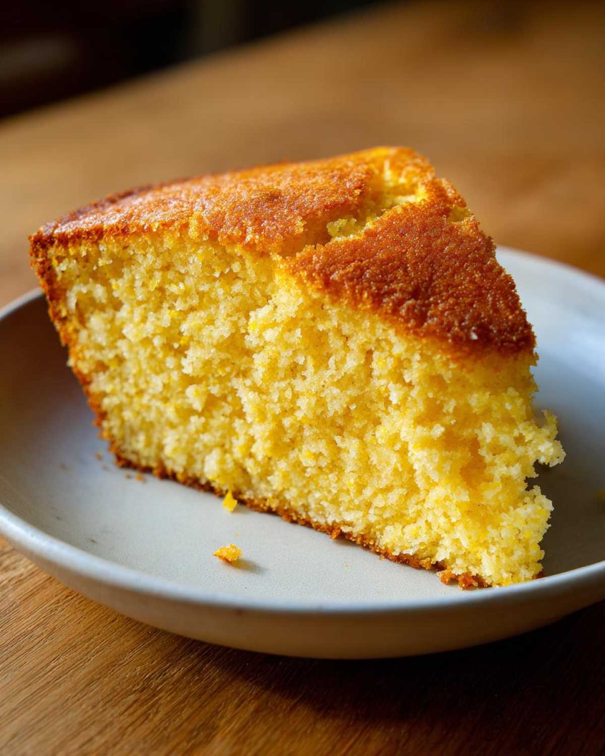Close-up of a moist, yellow slice of sourdough cornbread with a golden-brown crust.