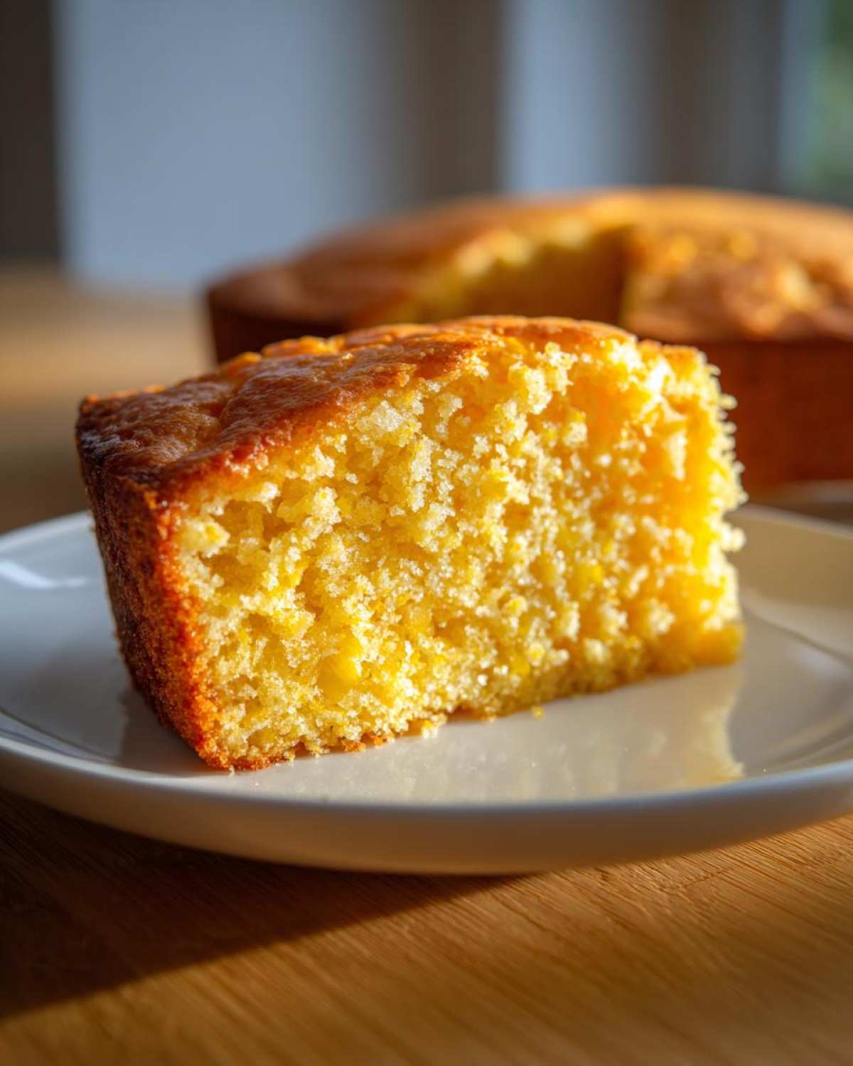 Close-up of a moist slice of golden sourdough cornbread with a crisp edge, sitting on a white plate.
