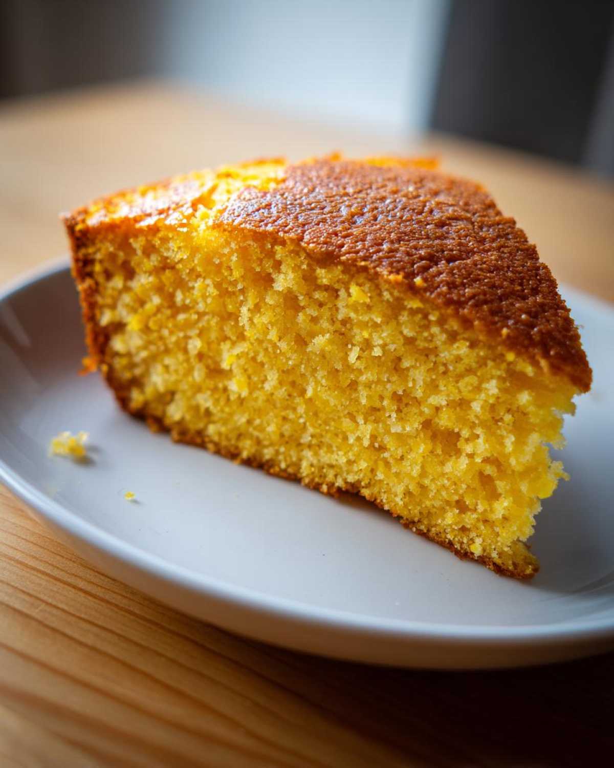 A close-up of a moist, golden slice of sourdough cornbread resting on a white plate.